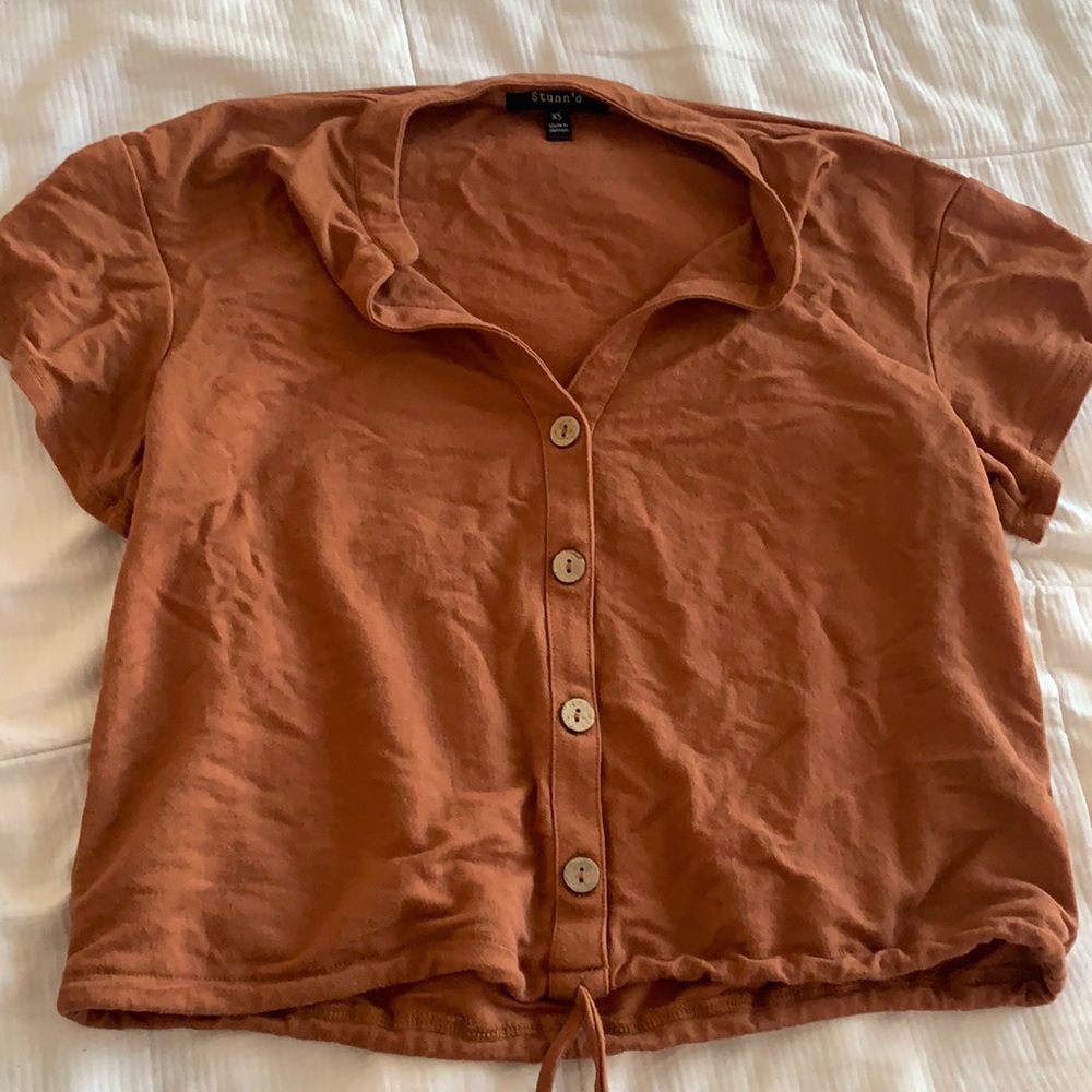 burnt orange button down tie crop blouse